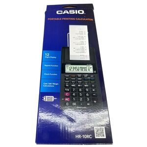 Casio HR-10RC Portable Printing Calculator 12 Digit Black with AC Adapter Paper